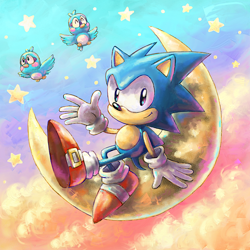 Size: 1000x1000 | Tagged: safe, artist:cortoony, sonic the hedgehog (sonic), bird, bluebird, fictional species, flicky (sonic), hedgehog, mammal, songbird, anthro, feral, sega, sonic the hedgehog (series), 2019, ambiguous gender, cloud, cloudy, crescent moon, looking at you, male, moon, quills, sitting, stars
