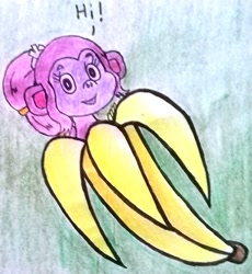 Size: 1390x1510 | Tagged: safe, artist:radomila radon, oc, oc only, oc:kaylea potassium, mammal, monkey, feral, series:the periodic lives, adorawat, banana, cute, exclamation point, female, food, fruit, hi, looking at you, ocbetes, solo, solo female, traditional art, wat