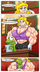 Size: 1920x3413 | Tagged: suggestive, artist:atariboy2600, kermit the frog (muppets), miss piggy (muppets), amphibian, frog, mammal, pig, suid, anthro, muppets (series), bottomwear, clothes, comic, dominant, dominant female, duo, female, hug, jewelry, kermitpiggy (muppets), larger female, male, male/female, muscles, muscular female, necklace, shipping, skirt, smaller male, speech bubble, submissive, submissive male