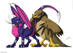 Size: 1300x942 | Tagged: safe, artist:jackrow, cynder the dragon (spyro), oc, oc:jako, bird, bird of prey, dragon, eagle, fictional species, western dragon, feral, spyro the dragon (series), the legend of spyro, beak, bird feet, blue body, brown eyes, brown feathers, cheek fluff, claws, dragoness, duo, feathered wings, feathers, featureless crotch, female, fluff, head fluff, horns, looking at each other, male, pink body, raised tail, reptile feet, signature, simple background, spread wings, standing, tail, tail feathers, talons, tan feathers, webbed wings, white background, wing hands, wings