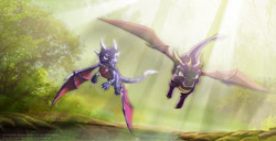 Size: 2049x1050 | Tagged: safe, artist:lionheartcartoon, cynder the dragon (spyro), spyro the dragon (spyro), dragon, fictional species, western dragon, feral, spyro the dragon (series), the legend of spyro, dragoness, duo, female, flying, frowning, horns, looking forward, male, open mouth, river, scenery, sunbeam, sunlight, tail, technical advanced, teeth, tree, water, wings