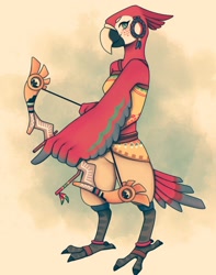 Size: 1007x1280 | Tagged: safe, artist:blueguts1, oc, oc:omu (omumacaw), bird, fictional species, parrot, rito, anthro, nintendo, the legend of zelda, beak, bird feet, bow (weapon), breasts, clothes, female, kemono, looking at you, solo, solo female, weapon