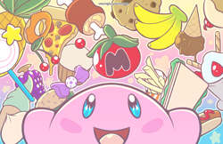 Size: 1200x776 | Tagged: safe, artist:vexinglyyours, kirby (kirby), fictional species, puffball (kirby), semi-anthro, kirby (series), nintendo, banana, doughnut, food, french fries, fruit, hot dog, ice cream, ice cream cone, male, meat, omnivore, pineapple, solo, solo male