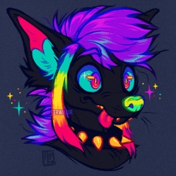 Size: 700x702 | Tagged: safe, artist:ferwildir, oc, canine, mammal, sparkle dog, feral, art fight, 2019, ambiguous gender, black body, black fur, blue sclera, bust, collar, color porn, colored sclera, ears, fur, gray background, hair, magenta eyes, portrait, purple hair, red eyes, signature, simple background, solo, solo ambiguous, spiked collar, tongue, tongue out, watermark