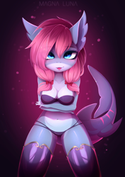 Size: 2896x4096 | Tagged: suggestive, artist:magnaluna, oc, oc only, fish, shark, anthro, bikini, breasts, cleavage, clothes, female, fins, fish tail, high res, legwear, panties, shark tail, solo, solo female, swimsuit, tail, thigh highs, tongue, tongue out, underwear