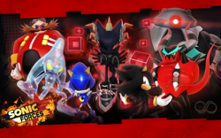Size: 2880x1800 | Tagged: safe, artist:nibroc-rock, chaos (sonic), doctor eggman (sonic), infinite (sonic), metal sonic (sonic), shadow the hedgehog (sonic), zavok (sonic), canine, chao, death egg robot sentinel (sonic), fictional species, hedgehog, human, jackal, mammal, robot, zeti, anthro, plantigrade anthro, sega, sonic forces, sonic the hedgehog (series), 2017, 3d, 8:5, group, male, mutant, quills