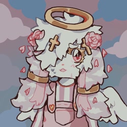 Size: 1280x1280 | Tagged: safe, artist:cupidcry, nameless oc, oc, oc only, angel, fictional species, lagomorph, mammal, rabbit, anthro, 2019, ambiguous gender, blushing, clothes, cloud, cross, flower, flower in hair, flower petals, fur, hair, hair accessory, hair clip, halo, jewelry, open mouth, overalls, pink eyes, rose, shirt, sky, solo, solo ambiguous, sweatdrop, topwear, white fur, white hair, wings