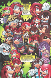 Size: 650x1000 | Tagged: safe, artist:jason jenson, artist:jim amash, artist:tracy yardley, official art, aaron (sonic), athair (sonic), dimitri the echidna (sonic), dr. finitevus (sonic), edmund the echidna (sonic), harlan (sonic), hawking (sonic), janelle-li (sonic), jordan (sonic), knuckles the echidna (sonic), kragok the echidna (sonic), lien-da the echidna (sonic), locke the echidna (sonic), luger the echidna (sonic), mathias (sonic), menniker the echidna (sonic), moonwatcher (sonic), moritori rex (sonic), rembrant (sonic), remington (sonic), sojourner (sonic), spectre the echidna (sonic), steppenwolf the echidna (sonic), thunderhawk (sonic), tobor (sonic), echidna, mammal, monotreme, anthro, archie sonic the hedgehog, sega, sonic the hedgehog (series), 2007, black fur, black sclera, blue eyes, bodysuit, brotherhood of guardians, brotherhood of guardians (sonic), brown fur, cape, clothes, colored sclera, comic, cybernetics, dark legion, dark legion (sonic), digital art, english text, female, frowning, fur, glasses, gloves, grin, gritted teeth, group, hat, head fluff, helmet, large group, male, monocle, pink fur, purple eyes, purple fur, quills, red eyes, red fur, red tail, sabre (sonic), sharp teeth, smiling, sunglasses, tail, teeth, text, tight clothing, walking stick, white fur, yellow eyes