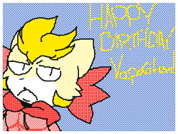 Size: 320x240 | Tagged: safe, artist:ninten111, oc, oc only, oc:vap (vaporotem), canine, dog, hybrid, mammal, mongoose, anthro, flipnote studio, nintendo, 2019, birthday, black eyes, blue background, clothes, digital art, female, frowning, fur, gift art, hoodie, low res, red fur, simple background, solo, solo female, text, topwear, yellow fur