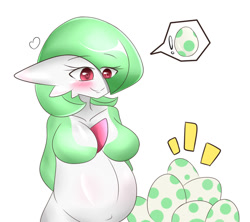 Size: 900x800 | Tagged: safe, artist:sana!rpg, fictional species, gardevoir, anthro, nintendo, pokémon, 2016, big belly, blushing, breasts, egg, eye through hair, featureless breasts, female, hair, missing accessory, pictogram, pregnant, simple background, smiling, solo, solo female, white background