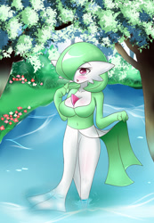 Size: 900x1300 | Tagged: safe, artist:sana!rpg, fictional species, gardevoir, anthro, nintendo, pokémon, 2016, blushing, bottomwear, breasts, clothes, featureless breasts, female, open mouth, outdoors, pond, skirt, skirt lift, solo, solo female, tree, water