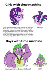 Size: 1000x1500 | Tagged: safe, artist:thedriveintheatre, spike (mlp), starlight glimmer (mlp), dragon, equine, fictional species, mammal, pony, unicorn, anthro, feral, semi-anthro, friendship is magic, hasbro, my little pony, blue eyes, crying, dialogue, duo, english text, female, green eyes, male, medal, meme, older, parody, smiling, spread wings, talking, text, wings, younger