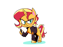 Size: 1227x907 | Tagged: safe, artist:cassettepunk, sunset shimmer (mlp), equine, fictional species, mammal, pony, unicorn, feral, friendship is magic, hasbro, my little pony, my little pony: pony life, clothes, female, green eyes, jacket, knife, leather jacket, looking at you, solo, solo female, topwear
