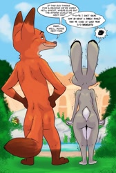 Size: 733x1090 | Tagged: suggestive, artist:akiric, judy hopps (zootopia), nick wilde (zootopia), canine, fox, lagomorph, mammal, rabbit, red fox, anthro, plantigrade anthro, disney, zootopia, brown body, brown fur, butt, complete nudity, dialogue, duo, duo male and female, embarrassed, embarrassed nude exposure, female, fur, gray body, gray fur, long ears, male, nudity, orange body, orange fur, outdoors, public nudity, rear view, short tail, speech bubble, standing, tail, talking, text, trembling