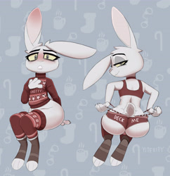 Size: 5276x5460 | Tagged: suggestive, artist:yitexity, oc, oc:texi (yitexity), lagomorph, mammal, rabbit, anthro, abstract background, absurd resolution, blushing, bottomless, bulge, butt, candy cane, choker, christmas, claws, clothes, colored sclera, ear fluff, eyeshadow, feet, femboy, fluff, fur, gray background, gray eyes, hand on chest, handcuffs, head fluff, holiday, legwear, looking at you, looking back, looking back at you, makeup, male, mug, nudity, partial nudity, paws, signature, simple background, sitting, socks, solo, solo male, stockings, sweater, tail, teeth, text, toes, topwear, underwear, wedgie, white body, white fur, wide hips, yellow sclera