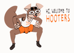 Size: 933x673 | Tagged: suggestive, artist:komdog, oc, oc only, oc:kom (komdog), canine, dog, mammal, anthro, hooters, bottomwear, bulge, claws, clothes, crouching, dialogue, femboy hooters, looking at you, male, open mouth, orange shorts, shirt, shoes, short shorts, shorts, simple background, smiling, sneakers, solo, solo male, tail, talking, text, topwear, white background