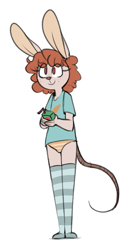 Size: 469x891 | Tagged: safe, artist:mcsweezys, oc, oc only, oc:bunmouse (mcsweezys), hybrid, lagomorph, mammal, mouse, rabbit, rodent, anthro, clothes, drink, drinking straw, female, freckles, holding object, juice box, legwear, panties, simple background, smiling, socks, solo, solo female, striped clothes, striped legwear, striped panties, striped underwear, tail, thigh highs, underwear, white background