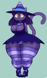 Size: 779x1280 | Tagged: suggestive, artist:mcsweezys, oc, oc only, oc:bella (mcsweezys), cat, feline, mammal, anthro, :3, arms behind back, big breasts, blue background, breasts, cleavage, clothes, colored sclera, dress, female, hat, high heels, hyper, hyper thighs, jewelry, legwear, looking at you, mage, necklace, panties, shoes, simple background, smiling, socks, solo, solo female, striped clothes, striped legwear, striped panties, tail, thick thighs, thigh highs, thighs, underwear, whiskers, witch, witch hat, yellow sclera