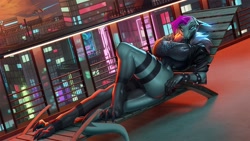 Size: 1280x720 | Tagged: safe, artist:skygracer, reptile, snake, anthro, 16:9, 2020, breasts, city, claws, cybernetics, cyberpunk, digital art, fangs, female, gray body, hair, huge breasts, lying down, on back, outdoors, purple hair, sci-fi, sharp teeth, solo, solo female, teeth, thick thighs, thighs