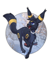 Size: 1075x1280 | Tagged: safe, artist:hioshiru, eeveelution, fictional species, mammal, umbreon, feral, nintendo, pokémon, female, open mouth, paw pads, paws, snow, solo, solo female, underpaw