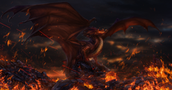 Size: 1800x943 | Tagged: safe, artist:leilryu, oc, oc:sechutan (tiger1e), dragon, fictional species, reptile, scaled dragon, feral, destruction, fire, solo, spread wings, webbed wings, wildfire, wings