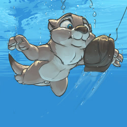 Size: 2000x2000 | Tagged: suggestive, artist:carrot, mammal, mustelid, otter, semi-anthro, animal genitalia, clothes, fish hook, hat, high res, male, nudity, sheath, solo, solo male, swimming, underwater, water
