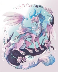 Size: 1024x1280 | Tagged: safe, artist:izapug, dragon, fictional species, reptile, scaled dragon, feral, ambiguous gender, feathered wings, feathers, flower, horns, solo, solo ambiguous, wings