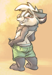 Size: 2311x3344 | Tagged: safe, artist:carrot, bear, mammal, panda, anthro, ambiguous gender, blushing, bottomwear, clothes, grin, high res, pants, solo, solo ambiguous, unzipped