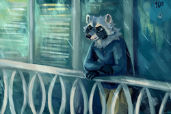 Size: 1280x853 | Tagged: safe, artist:geckozen, mammal, procyonid, raccoon, anthro, ambiguous gender, balcony, clothes, rain, solo, solo ambiguous