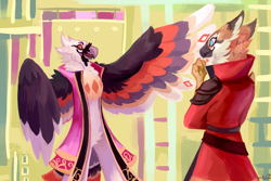Size: 1280x853 | Tagged: safe, artist:geckozen, bearded vulture, bird, bird of prey, feline, fictional species, gryphon, mammal, vulture, anthro, ambiguous gender, clothes, duo, feathered wings, feathers, robe, spread wings, wings