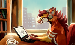 Size: 1280x775 | Tagged: safe, artist:geckozen, canine, cervid, deer, hybrid, mammal, maned wolf, anthro, ambiguous gender, books, coffee, coffee mug, drink, headphones, laptop, solo, solo ambiguous