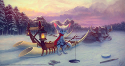 Size: 1500x795 | Tagged: safe, artist:mylafox, oc, oc:minnow (lemonynade), canine, dragon, fictional species, furred dragon, mammal, wolf, anthro, feral, 2019, big ears, blue eyes, clothes, duo, ears, eyes closed, fishing, fur, gray body, gray fur, horns, ice, ice fishing, outdoors, paws, scarf, signature, sitting, sled, tail, teeth, tusks, white body, white fur