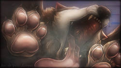 Size: 1024x576 | Tagged: suggestive, artist:velociawesome, oc, oc:xanril (thewizard), canine, mammal, wolf, feral, 16:9, bust, eyes closed, mawshot, open mouth, paw pads, paws, saliva, tongue, tongue out, underpaw, uvula