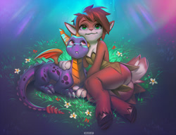 Size: 1000x766 | Tagged: safe, artist:miles-df, elora (spyro), spyro the dragon (spyro), dragon, faun, fictional species, mammal, reptile, scaled dragon, western dragon, anthro, feral, unguligrade anthro, spyro the dragon (series), brown body, brown fur, brown hair, butt, clothes, cream body, cream fur, duo, female, flower, fur, grass, green eyes, hair, hand on back, hooves, looking at someone, looking up, lying down, male, meadow, orange scales, prone, purple scales, scales, scenery, spines, tail, underhoof, webbed wings, wings