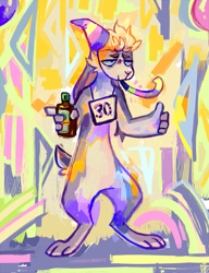 Size: 769x1000 | Tagged: safe, artist:geckozen, lagomorph, mammal, rabbit, anthro, abstract background, alcohol, ambiguous gender, drink, party blower, party hat, solo, solo ambiguous