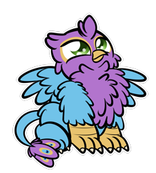 Size: 1777x1963 | Tagged: safe, artist:purpleflix, oc, oc only, oc:gyro feather, oc:gyro feather (gryphon), bird, feline, fictional species, galliform, gryphon, mammal, peacock gryphon, peafowl, feral, beak, bird feet, blue body, blue feathers, blue fur, claws, feathered wings, feathers, fur, green eyes, male, paws, pink feathers, sitting, solo, solo male, tail, tail tuft, talons, wings
