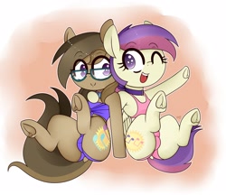 Size: 2900x2500 | Tagged: safe, artist:fullmetalpikmin, oc, oc only, oc:dawnsong, oc:evensong, earth pony, equine, fictional species, mammal, pegasus, pony, feral, hasbro, my little pony, bikini, brown body, brown fur, brown hair, clothes, collar, duo, duo female, female, fur, glasses, hair, high res, hooves, meganekko, multicolored hair, one eye closed, open mouth, pink hair, purple eyes, purple hair, sitting, smiling, spread legs, swimsuit, tongue, two toned hair, underhoof, winking, yellow body, yellow fur