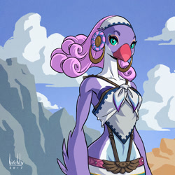 Size: 800x800 | Tagged: safe, artist:birchly, saki (zelda), bird, fictional species, rito, anthro, nintendo, the legend of zelda, 2017, beak, cloud, cyan eyes, eyeshadow, feathers, female, green eyes, hair, looking at you, makeup, pink hair, purple feathers, signature, sky, solo, solo female, standing