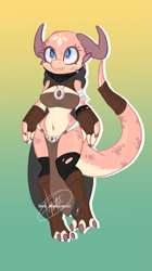 Size: 1731x3093 | Tagged: safe, artist:red_moonwolf, oc, oc only, fictional species, kobold, reptile, anthro, boots, bra, claws, clothes, cute, female, footwear, gloves, gradient background, horns, jewelry, legwear, necklace, ocbetes, signature, solo, solo female, standing, tail, thigh high boots, thigh highs, underwear