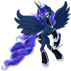 Size: 3500x3500 | Tagged: safe, artist:robert00poole, princess luna (mlp), alicorn, equine, fictional species, mammal, pony, feral, friendship is magic, hasbro, my little pony, 2020, armor, crown, ethereal mane, feathered wings, feathers, female, high res, hoof shoes, horn, jewelry, lidded eyes, mare, peytral, regalia, simple background, solo, solo female, spread wings, transparent background, wings
