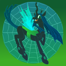 Size: 900x900 | Tagged: safe, artist:enigmadoodles, queen chrysalis (mlp), arthropod, changeling, changeling queen, equine, fictional species, feral, friendship is magic, hasbro, my little pony, 2019, crown, fangs, female, gradient background, insect wings, jagged horn, jewelry, open mouth, regalia, sharp teeth, solo, solo female, spider web, tail, teeth, wings