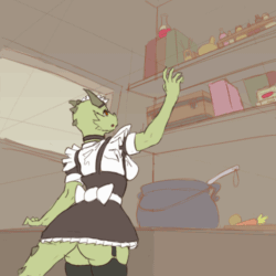 Size: 500x500 | Tagged: safe, artist:kreddits, argonian, fictional species, reptile, anthro, the elder scrolls, 2019, 2d, 2d animation, animated, bottomwear, bouncing breasts, breasts, butt, cauldron, clothes, female, frame by frame, garter belt, garter straps, gif, horns, jumping, low res, maid, maid outfit, open mouth, skirt, solo, solo female, tail, thick thighs, thighs, upskirt