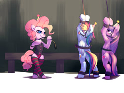 Size: 1100x825 | Tagged: suggestive, artist:bakki, pinkie pie (mlp), rainbow dash (mlp), twilight sparkle (mlp), alicorn, earth pony, equine, fictional species, mammal, pegasus, pony, semi-anthro, friendship is magic, hasbro, my little pony, 2013, ball gag, blue eyes, blue feathers, blue fur, blushing, bondage, clothes, commission, corset, crying, cutie mark, dominant, dominant female, feathers, female, female/female, females only, fur, gag, hair, hat, holding, holding object, hoof hold, hooves, leg warmers, legwear, lingerie, magenta eyes, mane, panties, party hat, pink fur, pink hair, pink mane, pinkiedash (mlp), rainbow hair, rainbow mane, rainbow tail, semi-anthro/semi-anthro, shipping, striped clothes, striped legwear, submissive, submissive female, tail, thigh highs, toeless legwear, trio, trio female, twidashpie (mlp), twinkie (mlp), underwear, whip, wings