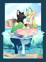 Size: 1033x1388 | Tagged: safe, artist:lunareden, oc, oc only, oc x oc, canine, mammal, anthro, digitigrade anthro, 2019, ambient bird, ambient fish, ambient wildlife, beach, bikini, black fur, blonde hair, blue eyes, blue fur, bottomwear, breasts, claws, cleavage, cliff, clothes, coral, date, duo focus, eyes closed, female, fur, grass, green claws, green fur, hair, hair bun, inflatable toy, lighthouse, male, male/female, ocean, one eye closed, paw pads, paws, rock, sand, seaweed, shipping, shorts, sky, smiling, swim trunks, swimsuit, tail, water, white fur