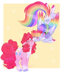 Size: 1094x1264 | Tagged: safe, artist:wanderingpegasus, pinkie pie (mlp), rainbow dash (mlp), earth pony, equine, fictional species, mammal, pegasus, pony, feral, friendship is magic, hasbro, my little pony, 2019, blaze (coat marking), blue feathers, blue fur, blushing, body markings, border, cheek fluff, chest fluff, color porn, curled hair, cute, cutie mark, duo, duo female, ear fluff, english text, eyes closed, eyeshadow, facial markings, feathered wings, feathers, female, female/female, fluff, flying, freckles, fur, hair, heart, hoof fluff, hooves, love heart, makeup, mane, nuzzling, pink hair, pink mane, pink tail, pinkiedash (mlp), rainbow feathers, rainbow hair, rainbow mane, rainbow tail, rainbow wings, shipping, signature, simple background, socks (leg marking), spread wings, tail, tail feathers, text, watermark, white feathers, wings, yellow background