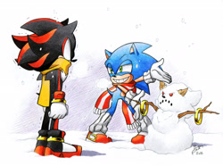 Size: 2280x1700 | Tagged: safe, artist:finikart, shadow the hedgehog (sonic), sonic the hedgehog (sonic), hedgehog, mammal, anthro, sega, sonic the hedgehog (series), 2016, clothes, duo, duo male, male, males only, quills, ring (sonic), scarf, snow, snowman, tail, traditional art