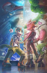 Size: 1280x1979 | Tagged: safe, artist:dansyron, c.j. (animal crossing), flick (animal crossing), arthropod, beaver, beetle, butterfly, chameleon, fish, great white shark, horned dynastid, insect, lizard, mammal, northern red snapper, reptile, rodent, shark, snapper, starfish, tiger butterfly, anthro, plantigrade anthro, animal crossing, animal crossing: new horizons, nintendo, 2020, ambient fish, ambient insect, ambient wildlife, aquarium, butt, click (animal crossing), cute, duo focus, fins, fish tail, flower, food, fossil, fruit, heart, holding, holding hands, kemono, male, male/male, museum, net, pear, scenery, scenery porn, shark tail, shipping, tail, technical advanced, tree, water, watermark