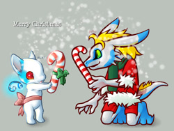 Size: 1024x768 | Tagged: species needed, safe, artist:glasswind, oc, oc only, oc:airu (silverpoot), oc:myuri (glasswind), dinosaur, mammal, anthro, digitigrade anthro, plantigrade anthro, 2006, bow, candy cane, christmas, clothes, duo, duo male, gray background, holiday, male, males only, photoshop, scarf, simple background, snow