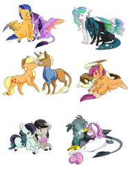 Size: 1624x2177 | Tagged: safe, artist:bluesidearts, applejack (mlp), coloratura (mlp), featherweight (mlp), flash sentry (mlp), gabby (mlp), octavia melody (mlp), princess celestia (mlp), queen chrysalis (mlp), scootaloo (mlp), sweetie belle (mlp), trenderhoof (mlp), twilight sparkle (mlp), alicorn, arthropod, bird, changeling, changeling queen, classical unicorn, equine, feline, fictional species, gryphon, mammal, pegasus, pony, unicorn, feral, friendship is magic, hasbro, my little pony, 2017, animal genitalia, blushing, bow tie, chibi, chryslestia (mlp), clothes, crack shipping, cute, feathers, female, female/female, flashlight (mlp), gabbelle (mlp), group, interspecies, large group, lying down, male, male/female, mare, nose piercing, nose ring, nudity, older, piercing, scootaweight (mlp), septum piercing, sheath, shipping, simple background, stallion, tail, tail feathers, taviratura (mlp), trenderjack (mlp), white background, wings