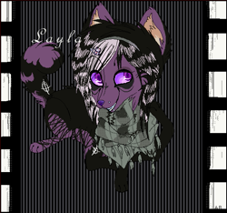 Size: 601x562 | Tagged: safe, artist:luna34, oc, oc only, oc:layla (panicpavo), canine, cat, feline, mammal, sparkle dog, feral, 2008, abstract background, clothes, coontails, female, hair, hair clip, lip piercing, lying down, oekaki, piercing, purple eyes, scarf, scene fashion, solo, solo female, tail